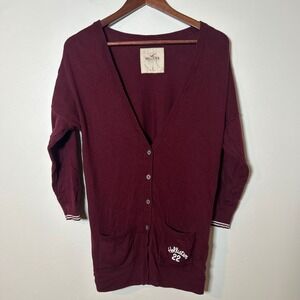 Y2K Vtg Hollister Cardigan Large Burgundy V-Neck Button Front Embroidered Logo